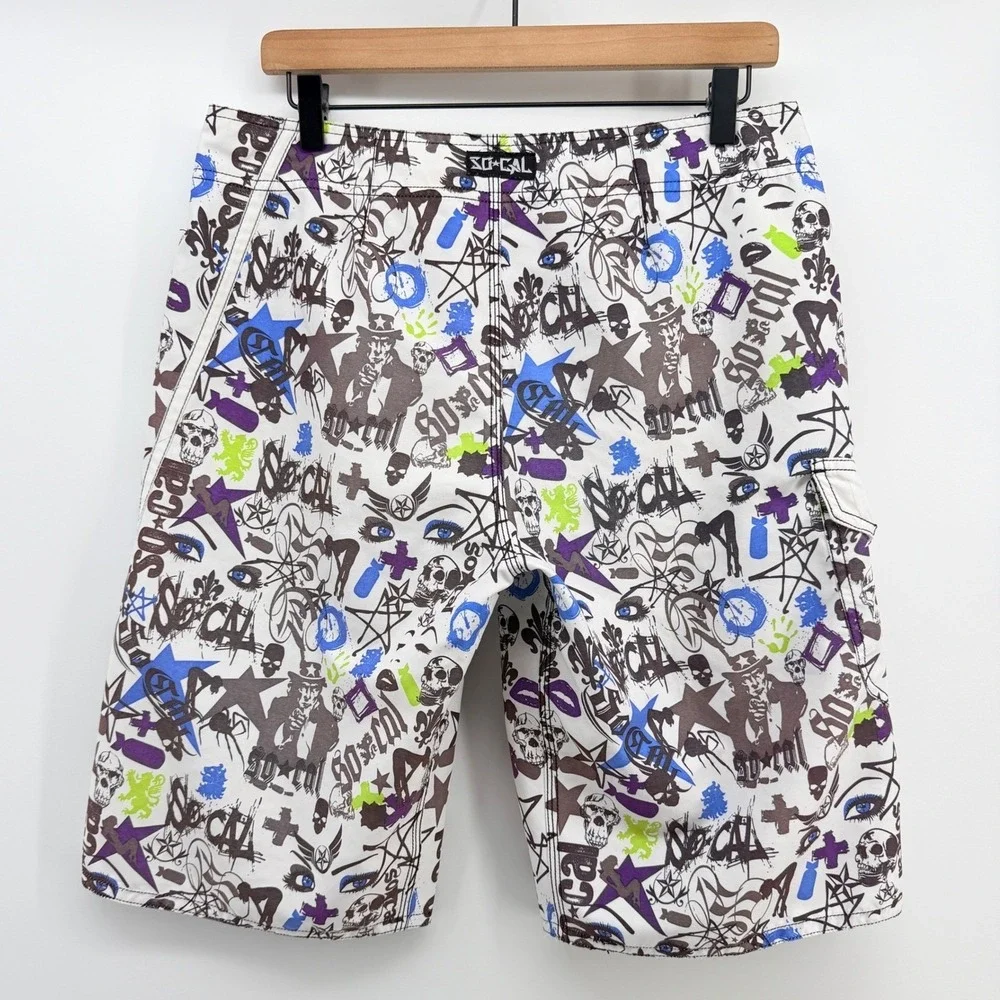 So-Cal Board Shorts Mens 32x12 White‎ Graffiti Skulls Uncle Sam Punk Pockets Y2K